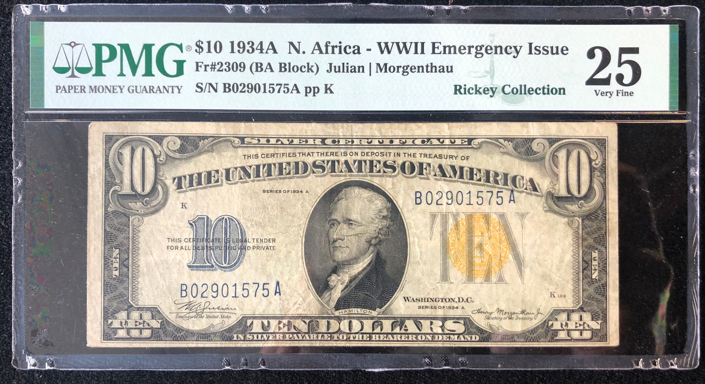 1934A $10 North African Note PMG VF25