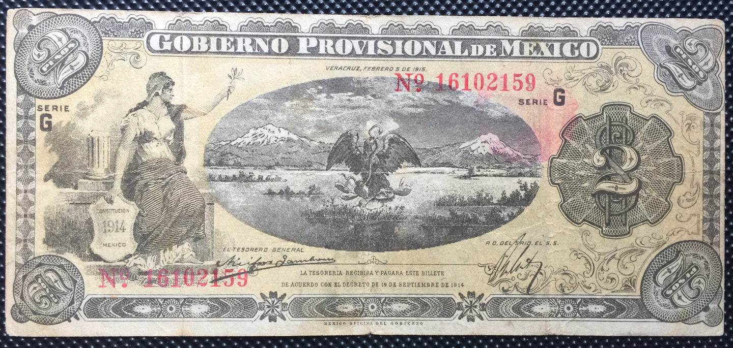 1914 2 Pesos Gobierno Provisional De Mexico